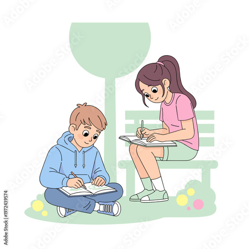 Two teenagers drawing in a sketchbook while sitting in the park  