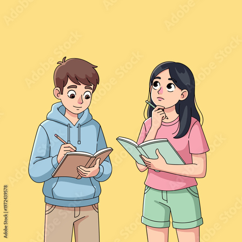 Two teenagers drawing in sketchbook and thinking