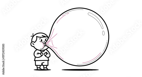 Cartoon Little Boy Blowing Massive Bubble Gum Sphere Vector Illustration Design