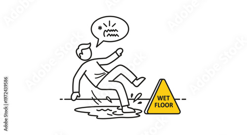 Man Slipping on Wet Floor Puddle Near Yellow Warning Sign Illustration Vector Line Art