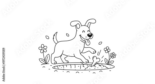 Happy Cartoon Dog Digging a Hole in the Garden with a Bone Vector Illustration