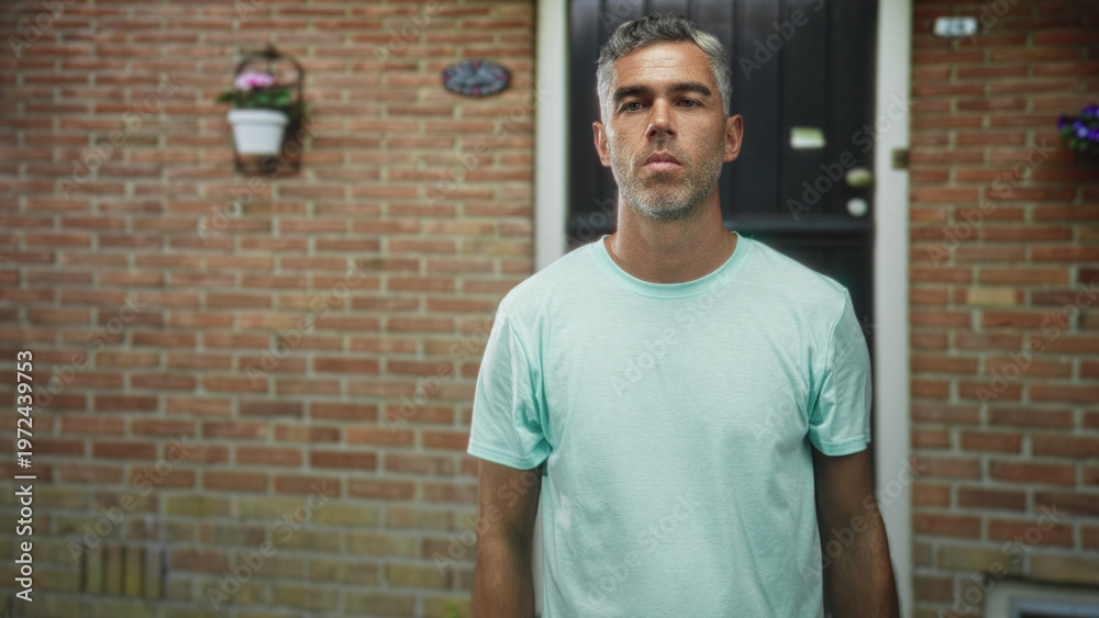 Fototapeta premium Man touches temples and opens mouth at building doorway wearing a mint shirt and staring forward; surprise reflection introspection.