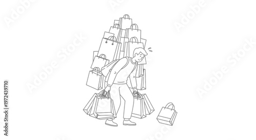 Stressed person carrying heavy stack of shopping bags vector line art illustration