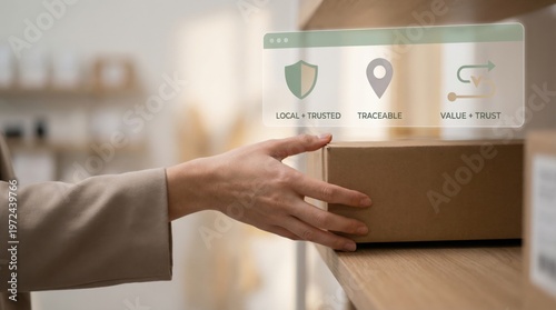 Friendshoring - A close-up of a hand reaching for an unbranded package with a floating interface emphasizing local, trusted, and traceable value in a minimal retail setting.