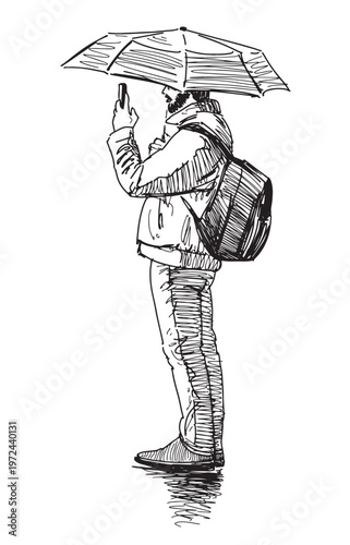 One casual citizen man photographing at smartphone, standing under umbrella in raining, realistic sketch, vector hand drawing on white background