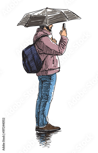 One casual citizen man photographing at smartphone, standing under umbrella in raining, realistic sketch, vector hand drawing isolated on white background