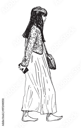 One young brunette girl with smartphone, walking barefoot on summer day seashore, realistic hand drawn vector illustration isolated on white