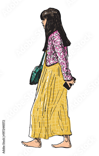 One young brunette girl with long hair, smartphone, walking barefoot on summer day seashore, realistic hand drawn vector illustration isolated on white