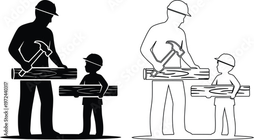 Adult teaching child how to use hammer and woodworking tools together