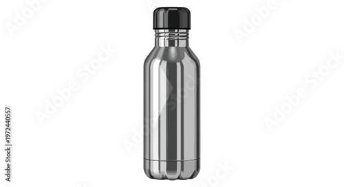 Metallic Reusable Water Bottle with Black Cap Isolated on White Background