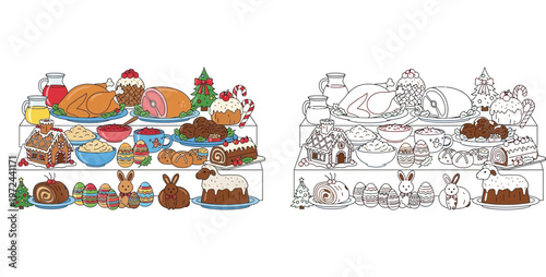 Festive Holiday Food Collection Illustration Featuring Roast Turkey Ham Gingerbread House Easter Eggs and Desserts in Colored and Line Art Vector Style for Coloring Pages and Design