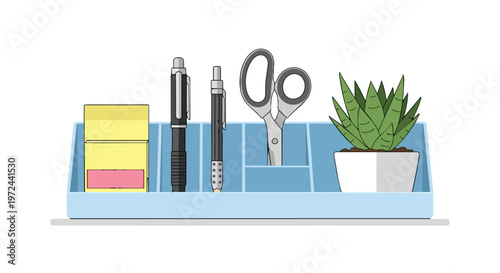 Desk Organizer with Stationery and Succulent Plant Illustration