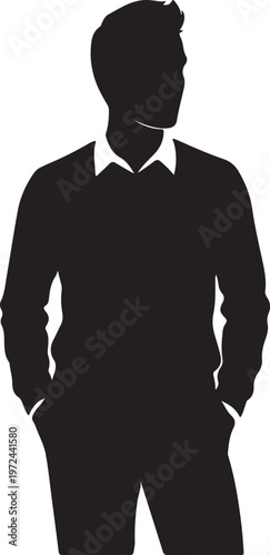 Silhouette of a professional man standing with hands in pockets silhouette vector icon