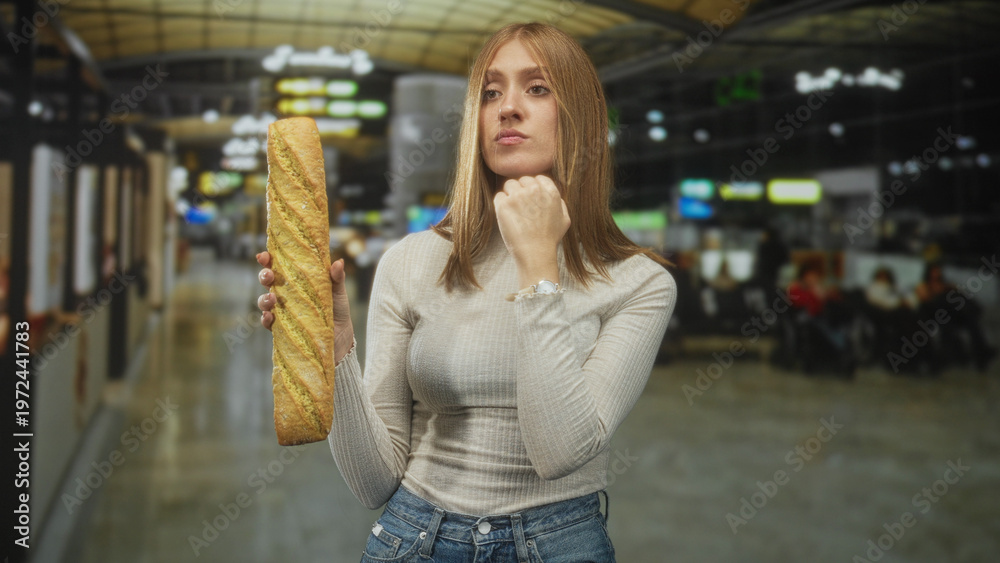 Fototapeta premium Woman holding long baguette, fingers to mouth in busy airport terminal departure lounge near seating and flight boards; thoughtful hunger.