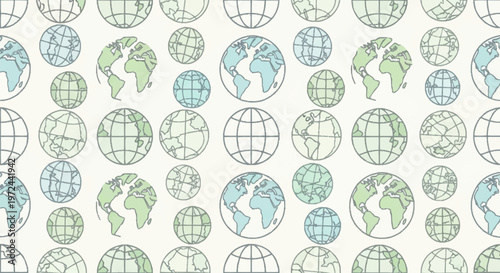 The illustration features a pattern of globes showcasing various Earth views.