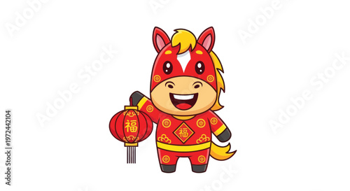 Cute cartoon horse in traditional Chinese costume holding a red lantern, celebrating new year