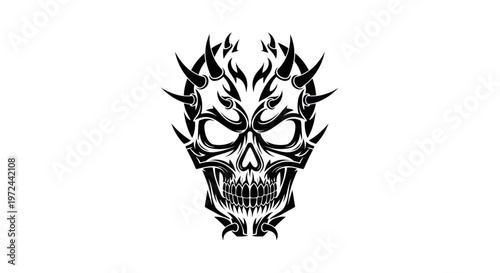 Tribal Skull Tattoo Design - Fire Horns and Spikes