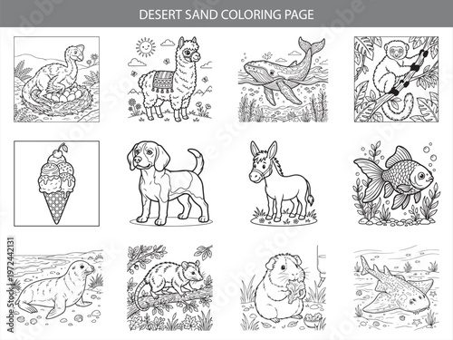 Diverse animal and nature vector coloring page collection for kids featuring exotic creatures and treats for creative art activities