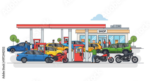 Gas Station Queue: Cars and Motorcycles Waiting for Fuel at a Busy Service Station