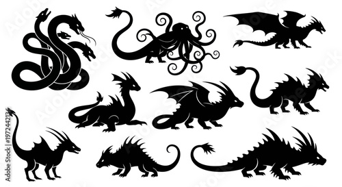 Mythical Creatures Silhouette Collection: Dragons, Hydra, Kraken