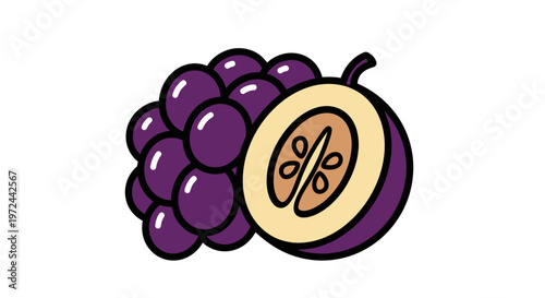Cartoon illustration of grapes and a halved fruit isolated on white background