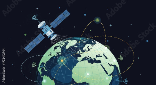 A satellite orbits the globe with various trajectories in space.