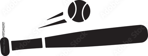A baseball bat striking a tennis ball in a dynamic action pose silhouette vector icon