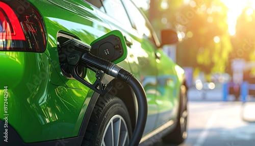 Bright green car being fueled at a station with a gas pump nozzle inserted, sunlight shining behind