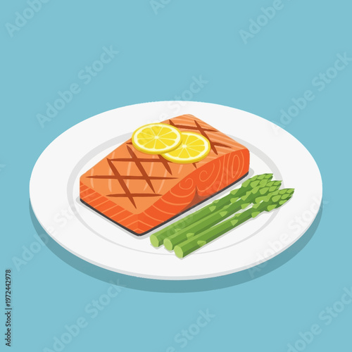 Grilled salmon fillet with lemon and asparagus.