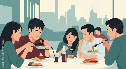 Dining Cityscape: People dining in an urban restaurant. A stylish illustration of people eating and drinking while enjoying the cityscape.
