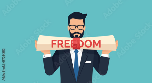 The Declaration of Freedom: A distinguished figure, exuding confidence, proudly displays a declaration of freedom, symbolizing liberty and self-determination against a backdrop of serenity.