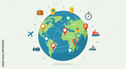 The globe shows various travel icons around the world map