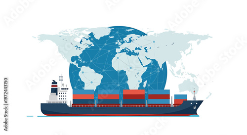 Global Trade in Motion: An emblematic representation of international commerce, a cargo ship sails across the world.