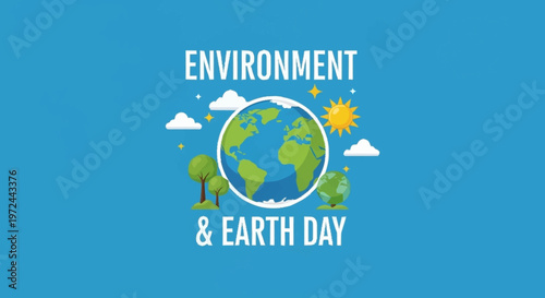 Earth Day celebration with a globe surrounded by trees and clouds