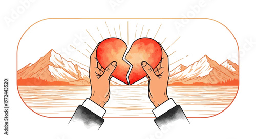 Hands holding broken heart over mountains and water illustration design