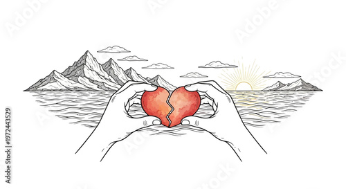 Hands holding broken heart over mountains and water illustration