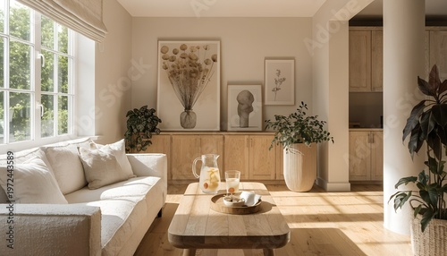 Minimalist cozy living room with natural light	