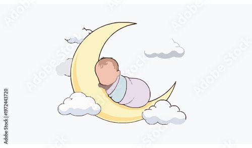 Adorable Sleeping Baby on Moon with Stars Cute Nursery Vector Illustration
