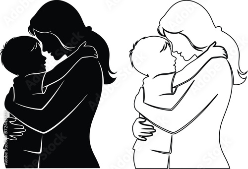 Emotional hug between mother and child illustrated in black and white contrast