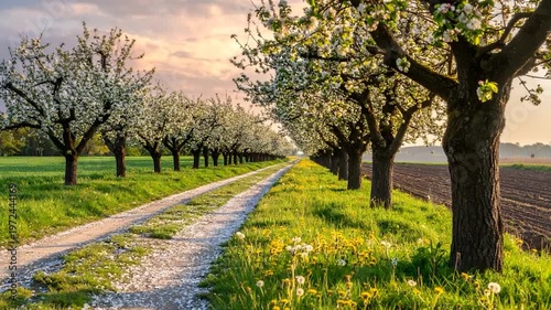 A flowering tree-lined road at dusk with a trail of white petals