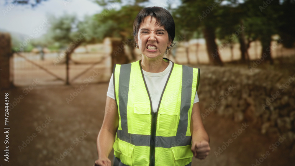Naklejka premium Woman in a yellow safety vest clenches fists and grimaces at a closed gate in a forest setting; frustration determination.