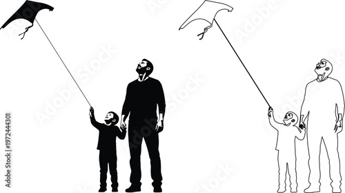 Family Flying Kites Together On Clear Day Illustration
