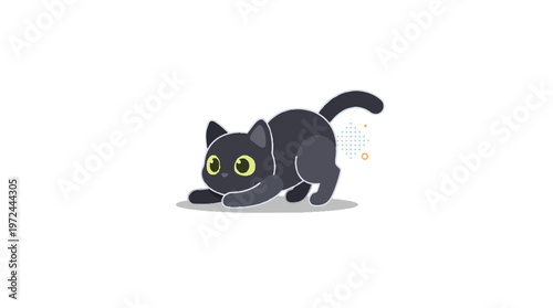 A cartoon black cat with yellow eyes crouching low on a white background suddenly
