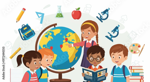 Kids gathered around a globe in a classroom setting learning