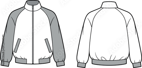 Bomber jacket vector illustration showing front and back views, sporty outerwear design with zipper and pockets in minimal line art style isolated on white background