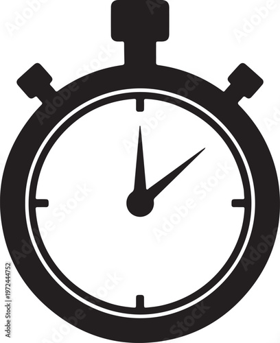 Classic stopwatch with black and white design showing time at approximately 12:35 silhouette vector icon