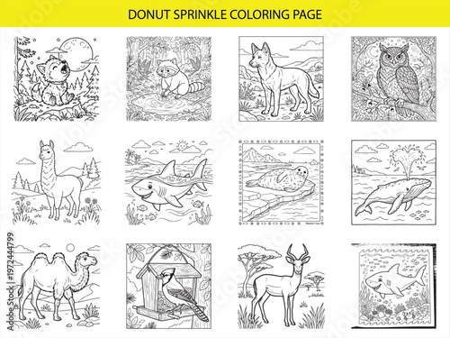 Donut sprinkle coloring page featuring cute forest and marine animals for children including wolf raccoon and shark