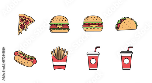 Assorted fast food icons pizza burger taco hotdog fries drink