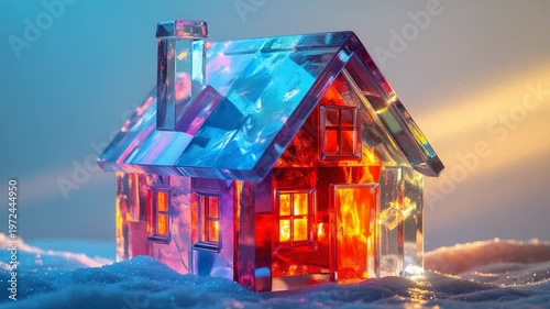 Iridescent crystal house, glowing from within, nestled in snowy scene
