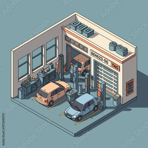 Isometric illustration of a car repair shop.